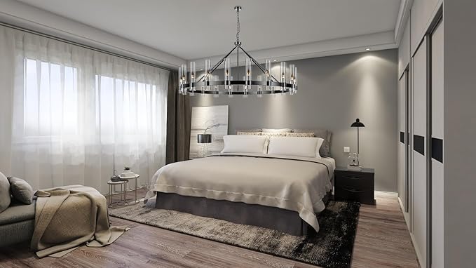 20-Lights Black Wagon Wheel Chandelier Modern Farmhouse with Glass Shade, 60 Inch Large Round Industrial High Ceilings Pendant Lighting Fixture for Dining Living Room, Kitchen Island, Foyer