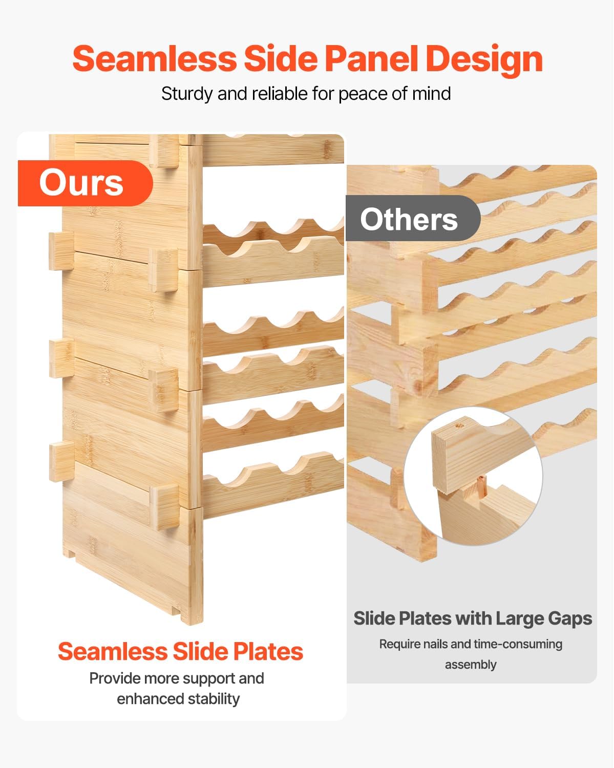 VEVOR Stackable Modular Wine Rack, 8-Tier 72 Bottles, Freestanding Wines Holder Display Shelf, Solid Bamboo Wood Storage Racks, Wobble-Free Shelves for Kitchens, Dining Rooms, Cellars, Natural Color