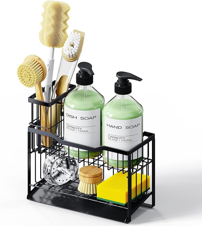 2-Tier Self-Draining Sponge Holder for Kitchen Sink - Rustproof Non-Slip Sink Caddy with Dish Brush Holder & Fits for Most Soap Dispensers - Black