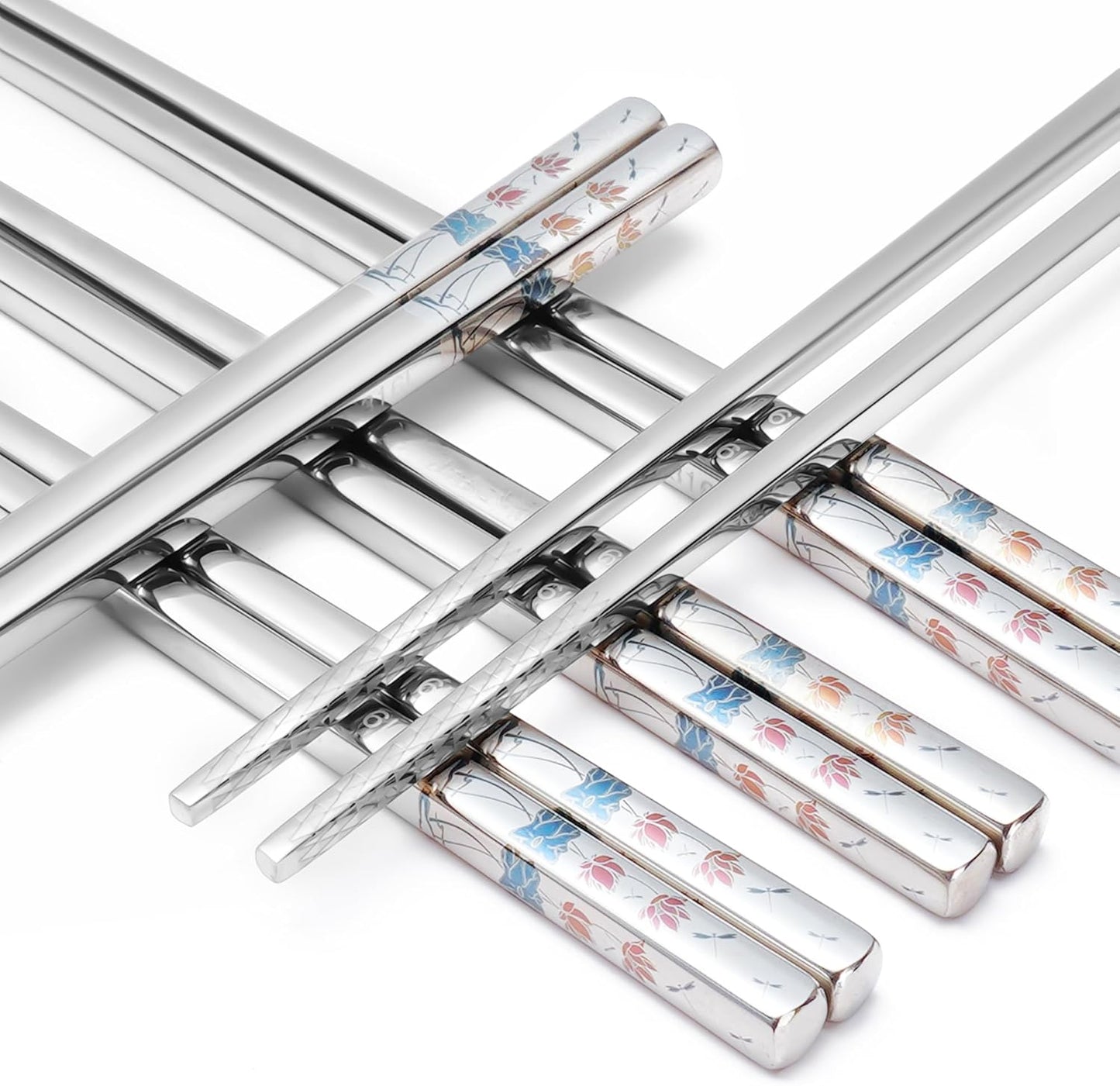 Stainless Steel Chopsticks, Titanium Plated Metal Chopsticks, 9.8" Premium Japanese Korean Color Laser Engraved Cooking Chop Sticks, Dishwasher Safe, Reusable, Anti-slip, Anti-scald, 2 Pairs Gift Set