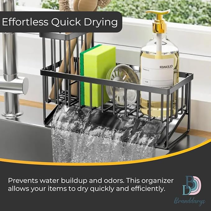 Cisily Black Sponge Holder for Kitchen Sink – Rustproof 304 Stainless Steel Sink Caddy Organizer with High Brush Holder – Kitchen Countertop Storage for Sponges, Soap & Dispensers