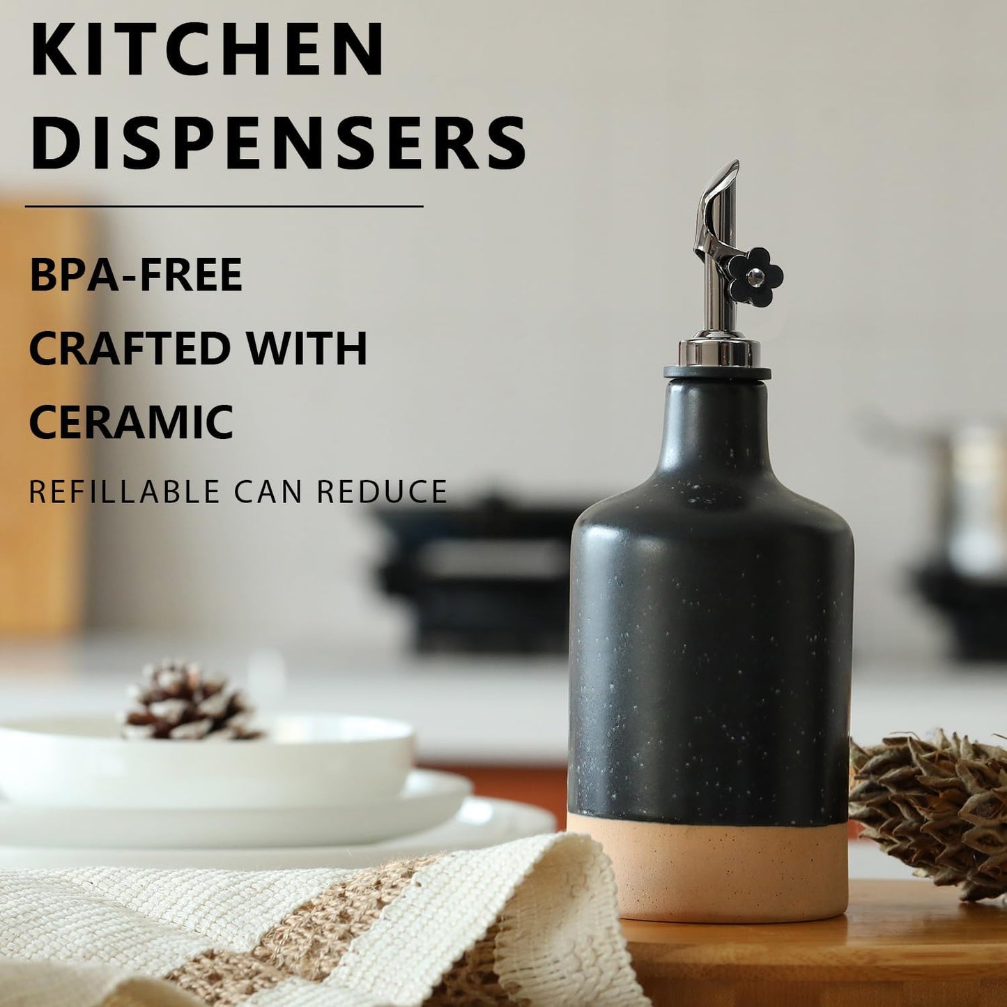 HOMCDALY Ceramic Olive Oil Dispenser Bottle, 16oz Oil Dispenser Bottle for Kitchen, Cooking Oil Dispenser, Kitchen Dispenser for Oil Vinegar Syrups(Black&Brown