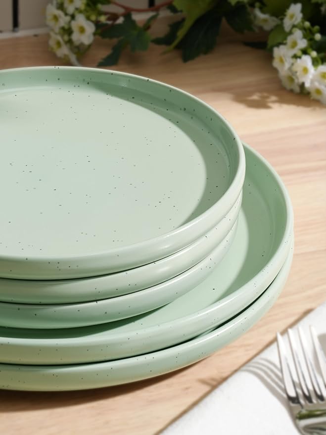 Famiware Dawn 24 Pieces Dinnerware Set, Speckled Plates and Bowls Sets for 8, Matte Dish Set, Microwave and Dishwasher Safe, Light Green