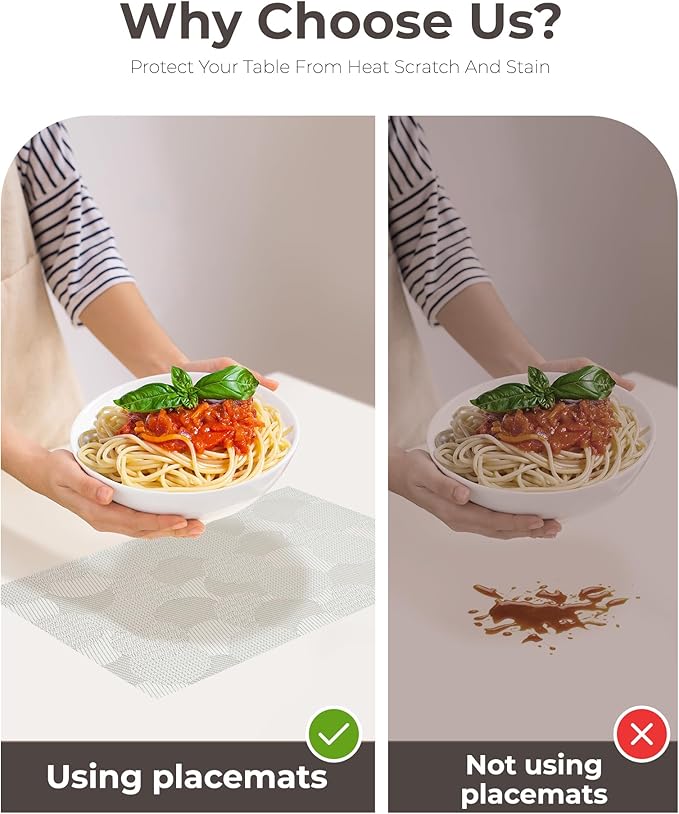 Leetaltree White Placemats Set of 12 - Heat Resistant Non-Slip Place mats for Dining Table, Washable Durable PVC Vinyl Woven Table Mats（White Circle,12）
