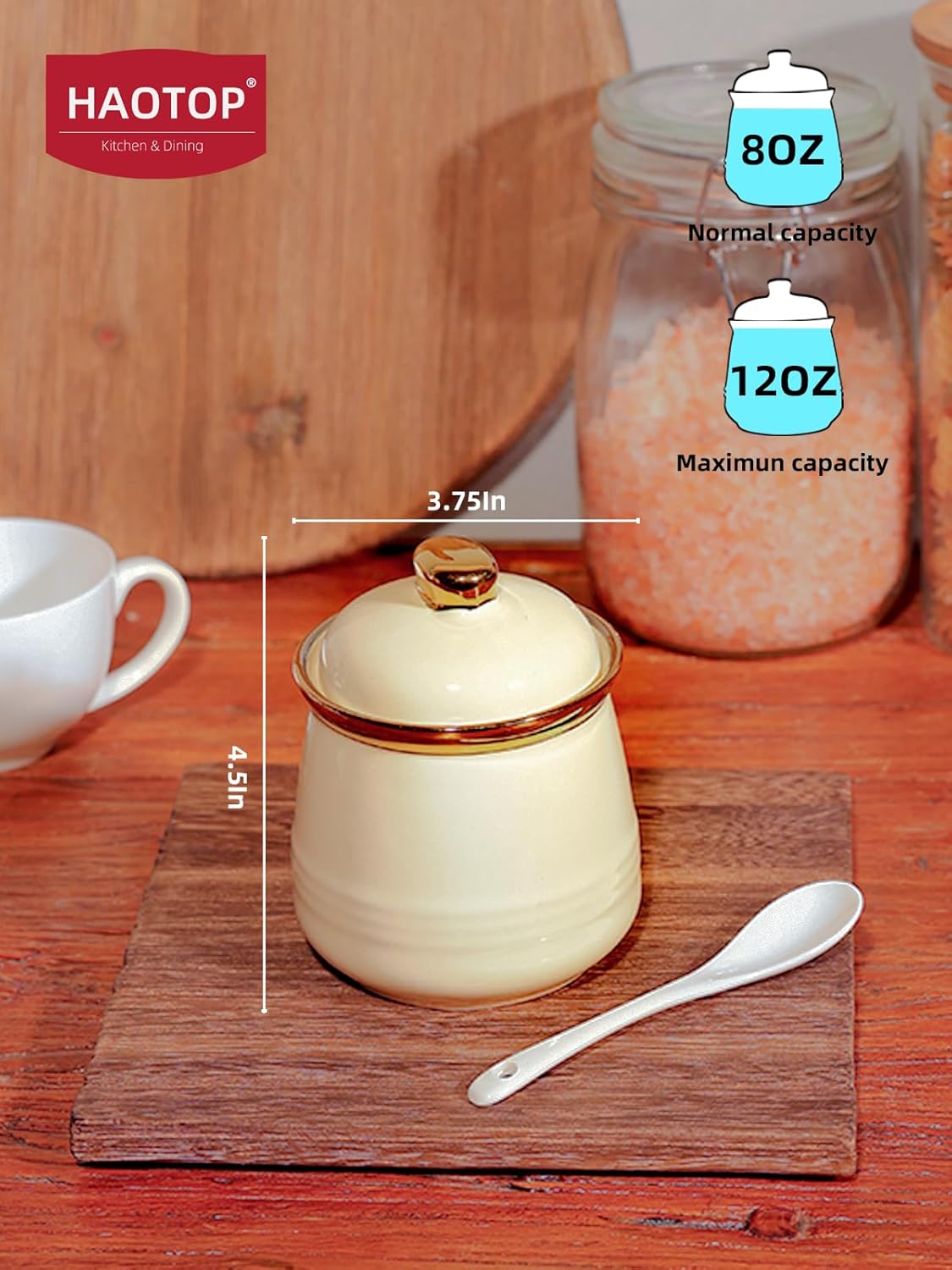 HAOTOP 12oz Sugar Bowl with Lid and Spoon,Simple Ceramic Sugar Jar Sugar Container Sugar Dispenser Coffee Bar Accessories, Modern Kitchen Countertop Canisters, Beige