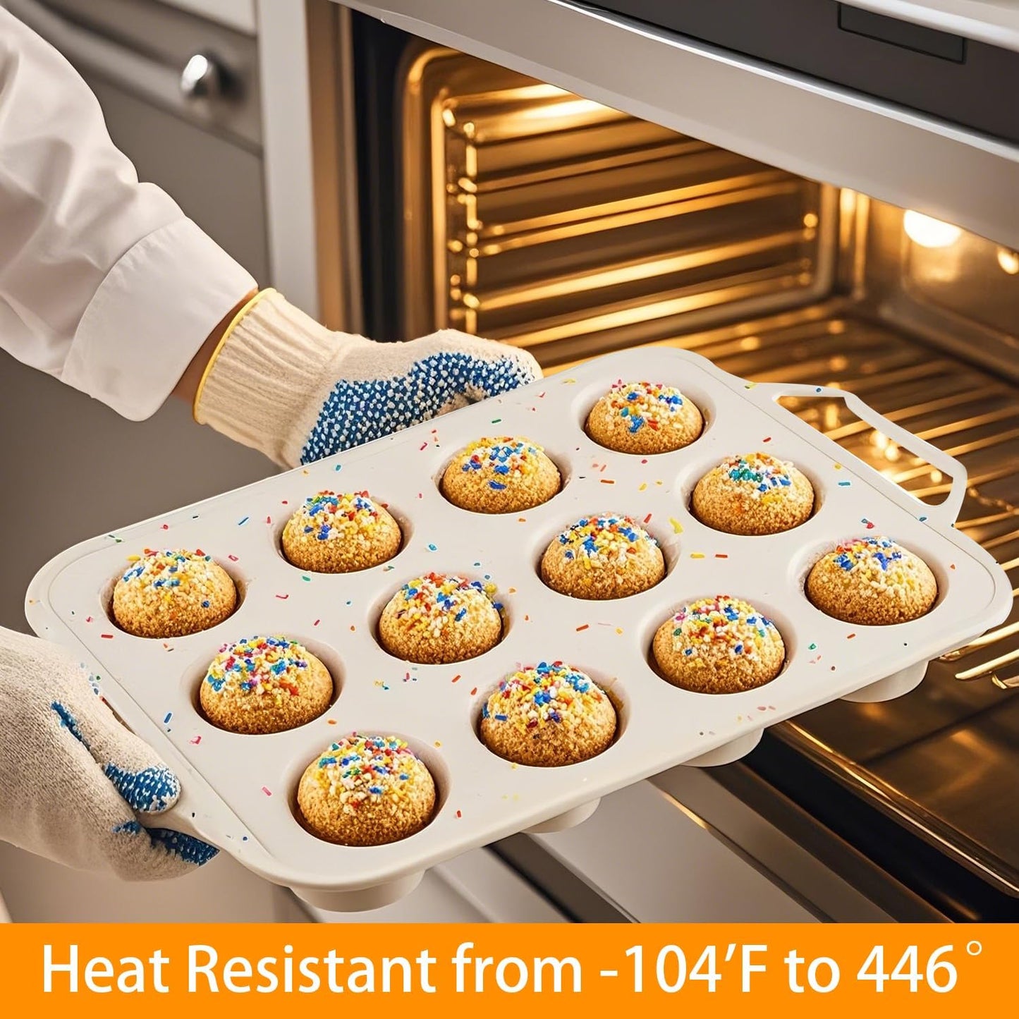 SOV Silicone Muffin Pan for Baking with Metal Reinforced Frame, Non-Stick 12 Cups Muffin Pan for Muffin Cakes, Tart, Bread,Cupcake Baking Pan Molds, Oven & Dishwasher Safe, 2 packs (white-D)