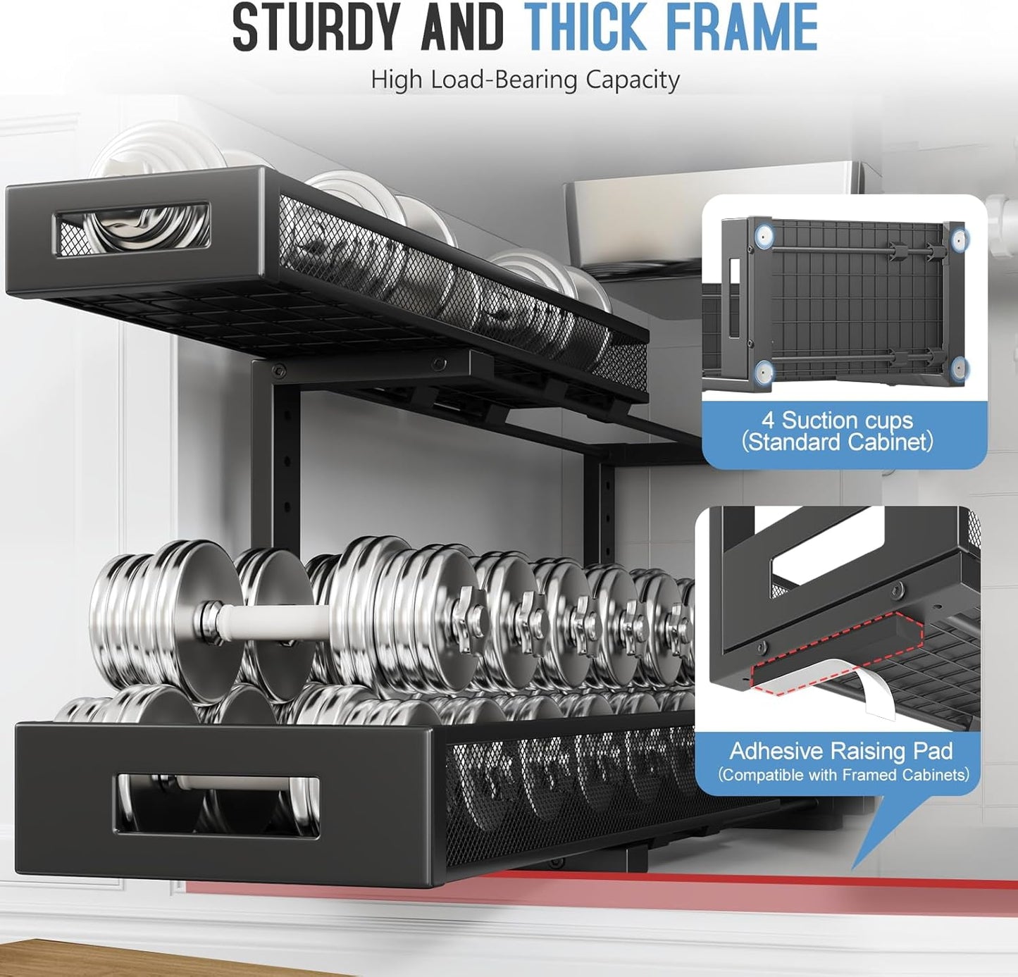 2 Pack 20.47IN Depth Under Sink Storage Organizer, Large 2-Tier Elegant Mesh Pull Out Shelf for Kitchen and Bathroom Cabinet Organization, L-Shaped and Adjustable Height Design-Black