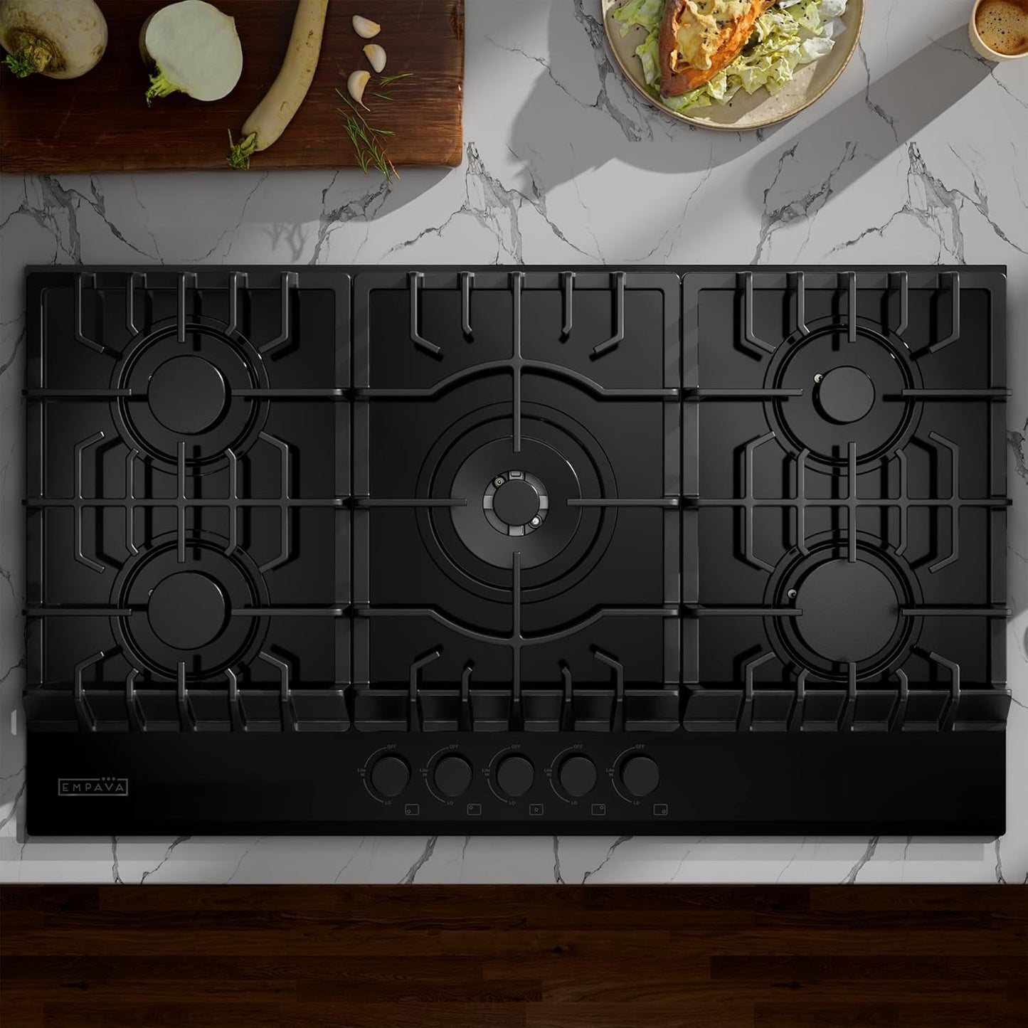 Empava 36" Gas Stove Cooktop NG/LPG Convertible with 5 Italy Sabaf Sealed Burners in Black Tempered Glass, 36 Inch