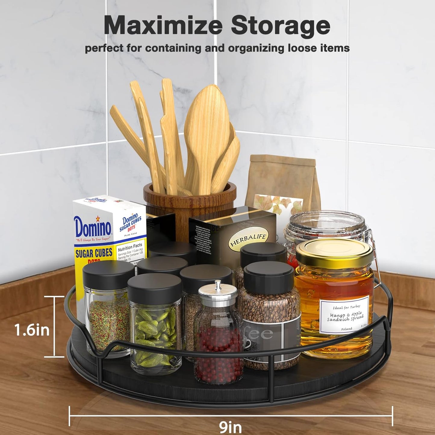 Lazy Susan Turntable Organizer with Anti-Slip Mat for Cabinet Pantry Kitchen Countertop Refrigerator Office, Pine Wood, 10", Black