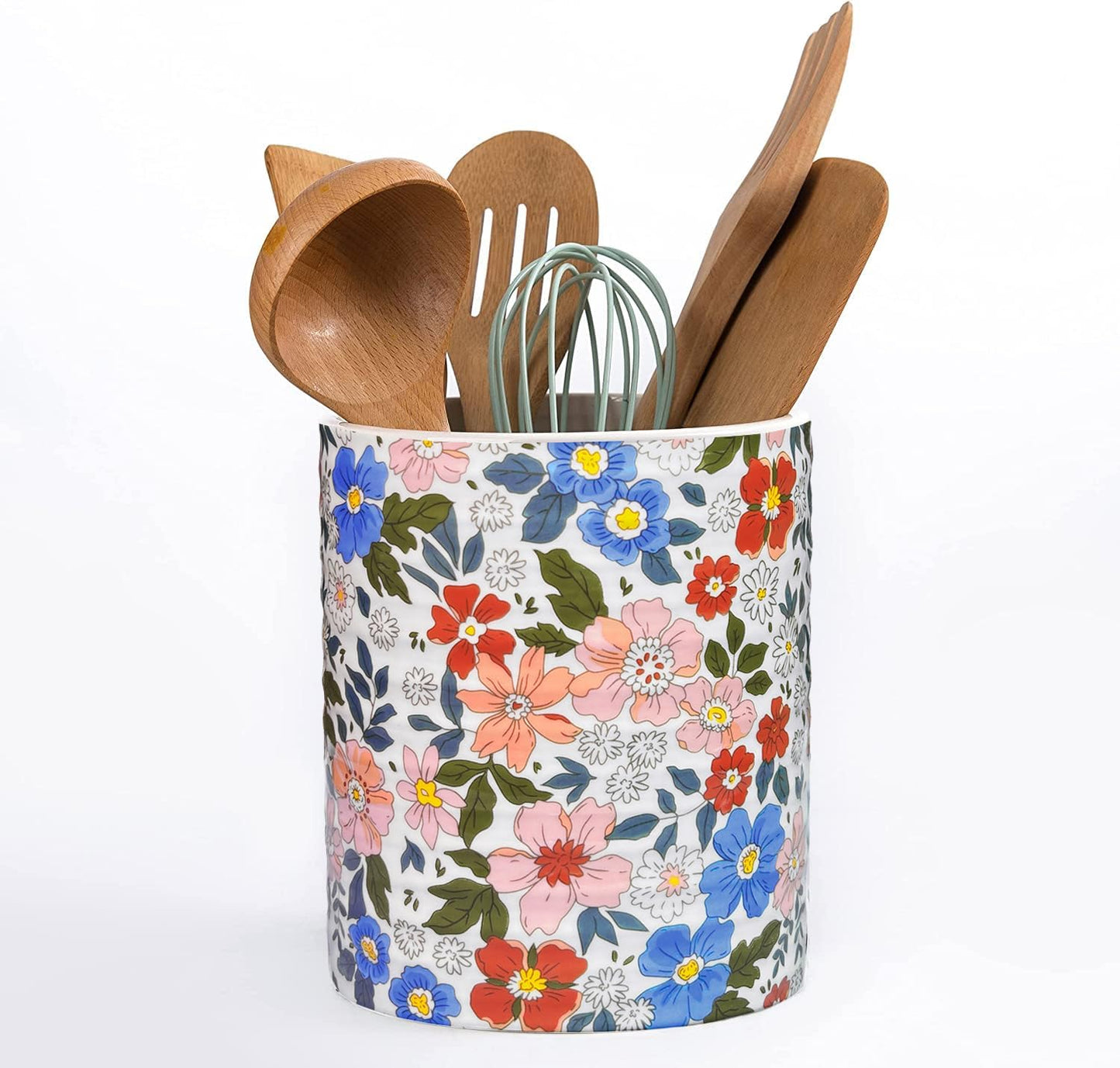 Kitchen Utensil Holder,7.2″Extra Large Stable Vintage Floral Pattern Ceramic Utensil Crock,Flower Utensil Organizer for Countertop,Kitchen Decor,Utensil Holder for Housewarming Gift Pink