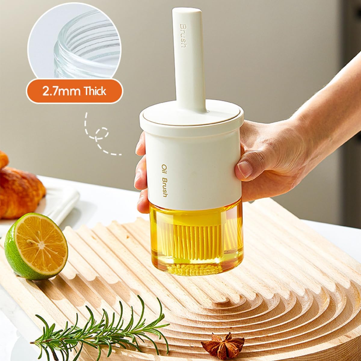 Glass Oil Dispenser with Heat Resistant Brush,Oil Dispenser Bottle with Silicone Pastry Brush for Kitchen,Cooking Vinegar and Sauce BBQ Grill Frying (Oil Dispenser-White)