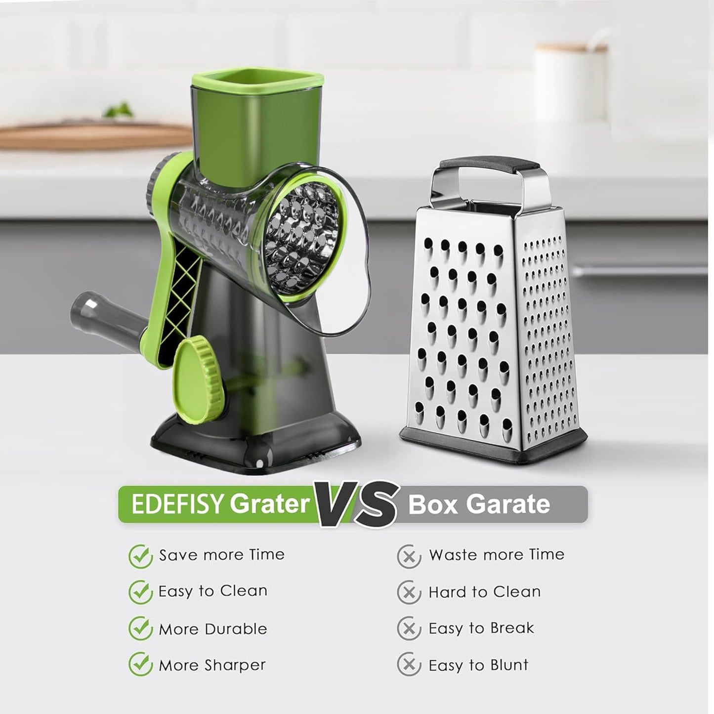 Cheese Grater Hand Crank Rotary Vegetables Shredder with Handle, 3-in-1 Graters with Interchangeable Blades and Strong Suction Base Multifunctional Slicer for Kitchen,green