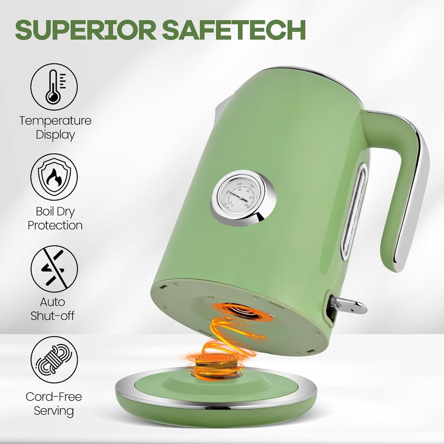 Pukomc Electric Kettle,1.7L Stainless Steel Electric tea kettle with Temperature Gauge, Fast Boiling, Auto Shut - off, BPA - Free, Boil - Dry Protection, (Retro Green)