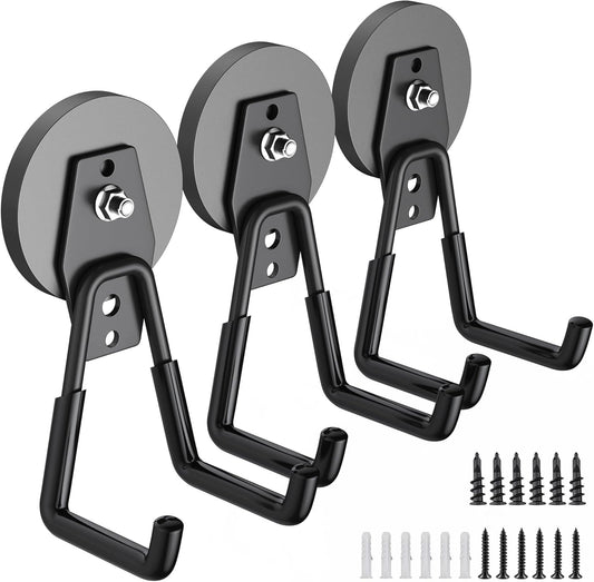 3Pcs Heavy Duty Storage Magnetic Utility Hooks Large Garage Strong Extra Magnet Hooks Hanger with Anti-Slip Coating Heavy Duty Magnetic Hooks for Hanging Power Dril Garage Garden Tools Black