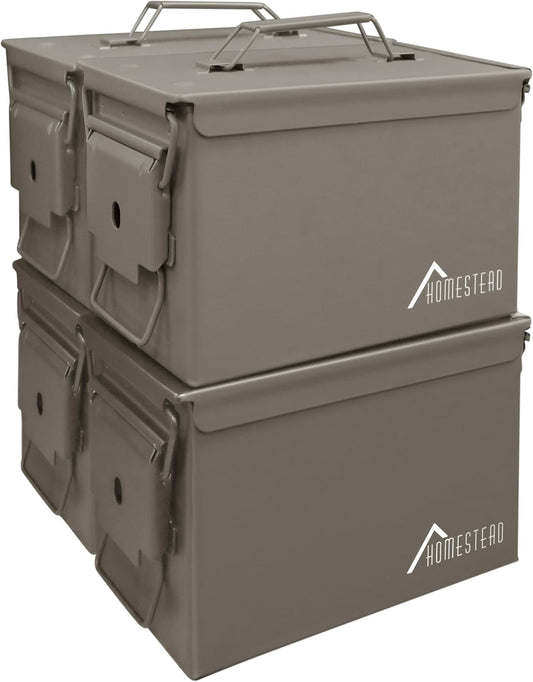 HOMESTEAD 50 Cal Metal Ammo Can – 4 Pack M2A1 Military Steel Ammo Storage Box, Airtight and Water-Resistant Ammunition, Dark Brown Color