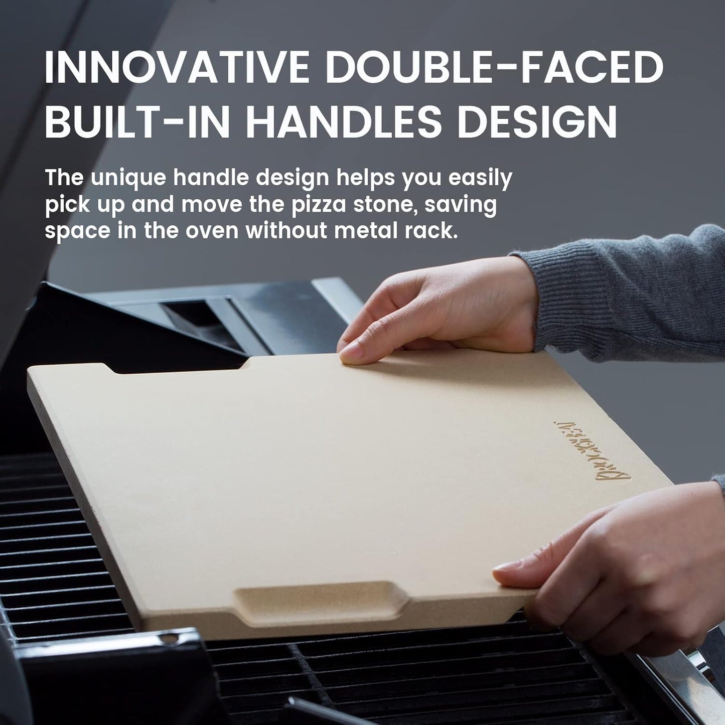 Large Pizza Stone, 16"x14" Rectangular Pizza Stone for Oven Grill BBQ, Baking Stone for Pizza Bread, Unique Built-in 4 Handles Cooking Stone