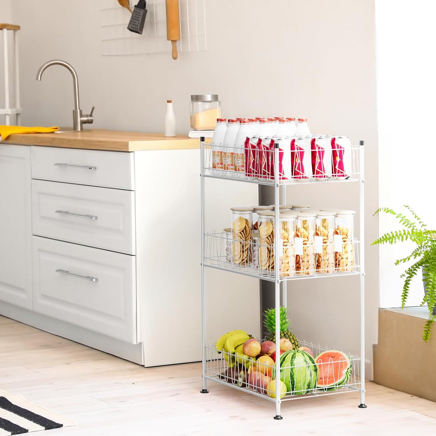 Water Bottle Storage Organizer 3 Tier Freestanding Water Bottle Holder Rack Stand Metal Drink Soda Can Organizer Beverage Shelf for Floor Pantry Kitchen Food Storage, Silver