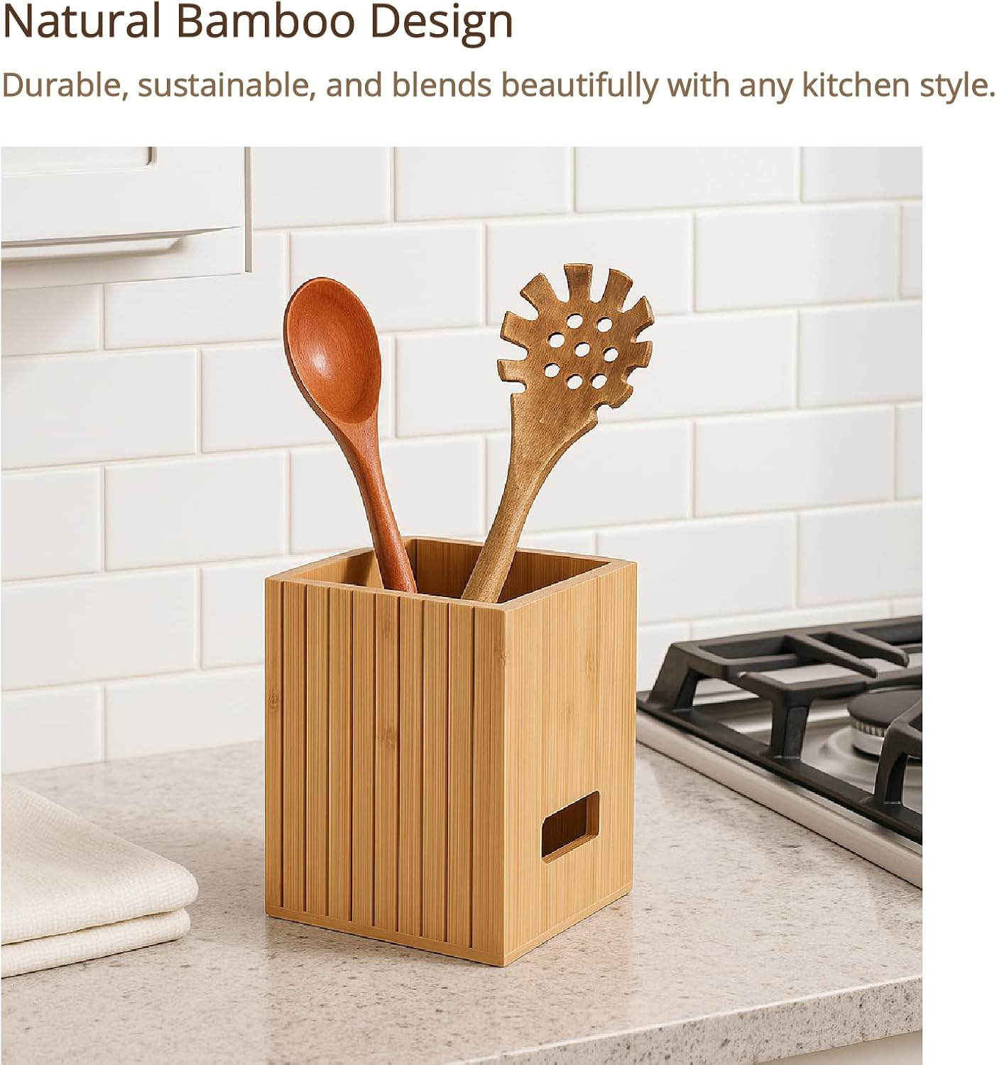 Fluted Bamboo Utensil Holder 6.5 Inch, Natural Kitchen Crock for Countertop, Modern Spoon and Spatula Organizer for Utensil Storage