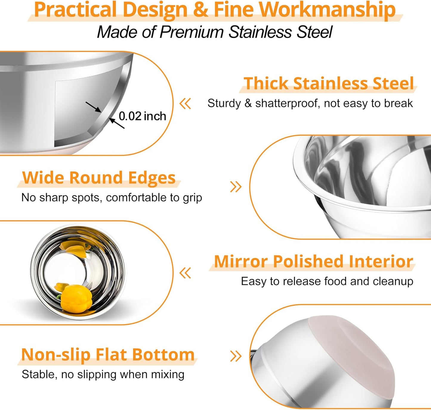 TeamFar Mixing Bowls, 5PCS Stainless Steel Serving Salad Bowls with Lids, For Kitchen Mixing/Baking/Storing/Prepping, Visible & Airtight, Non-Slip Bottom - 4.6/3.5/1.5/1 / 0.7 QT, Khaki