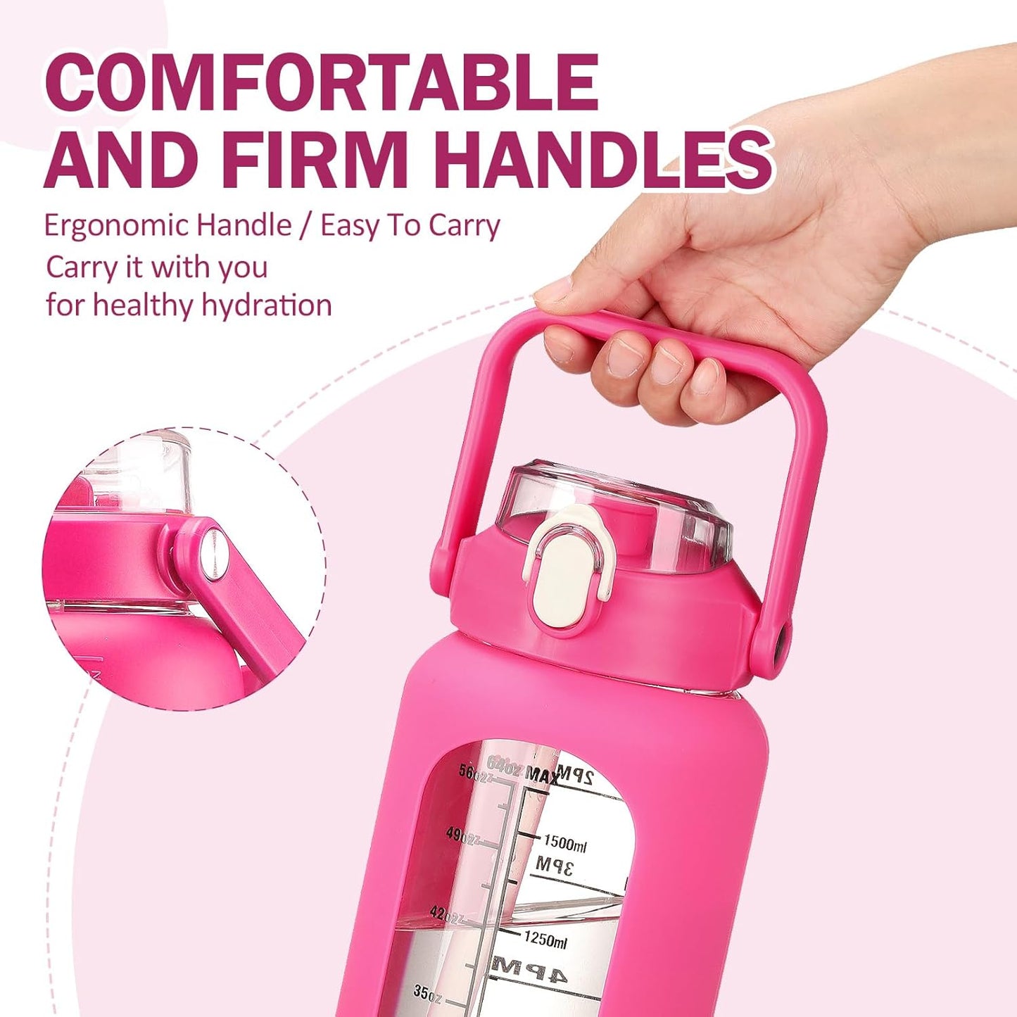 kytffu 64oz Glass Water Bottles with Straw, Half Gallon Motivational Glass Bottle with Silicone Sleeve and Time Marker, 2L Leakproof Large Glass Water Jug for Gym Home Office, Rose Red