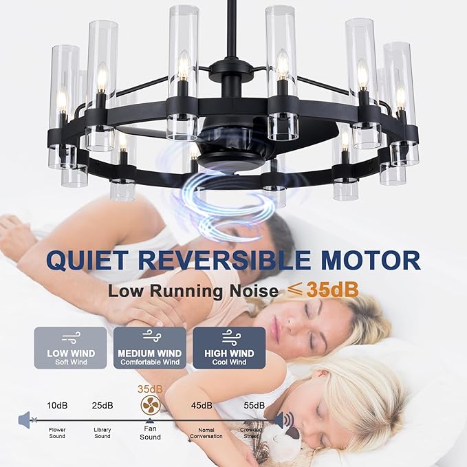 Black Ceiling Fans with 12 Lights Wagon Wheel Chandelier, 38 Inch Modern Farmhouse Fandelier, Quiet 6-Speed Reversible DC Motor, 1/2/4H Remote Timing for Living Room/Bedroom/Kitchen