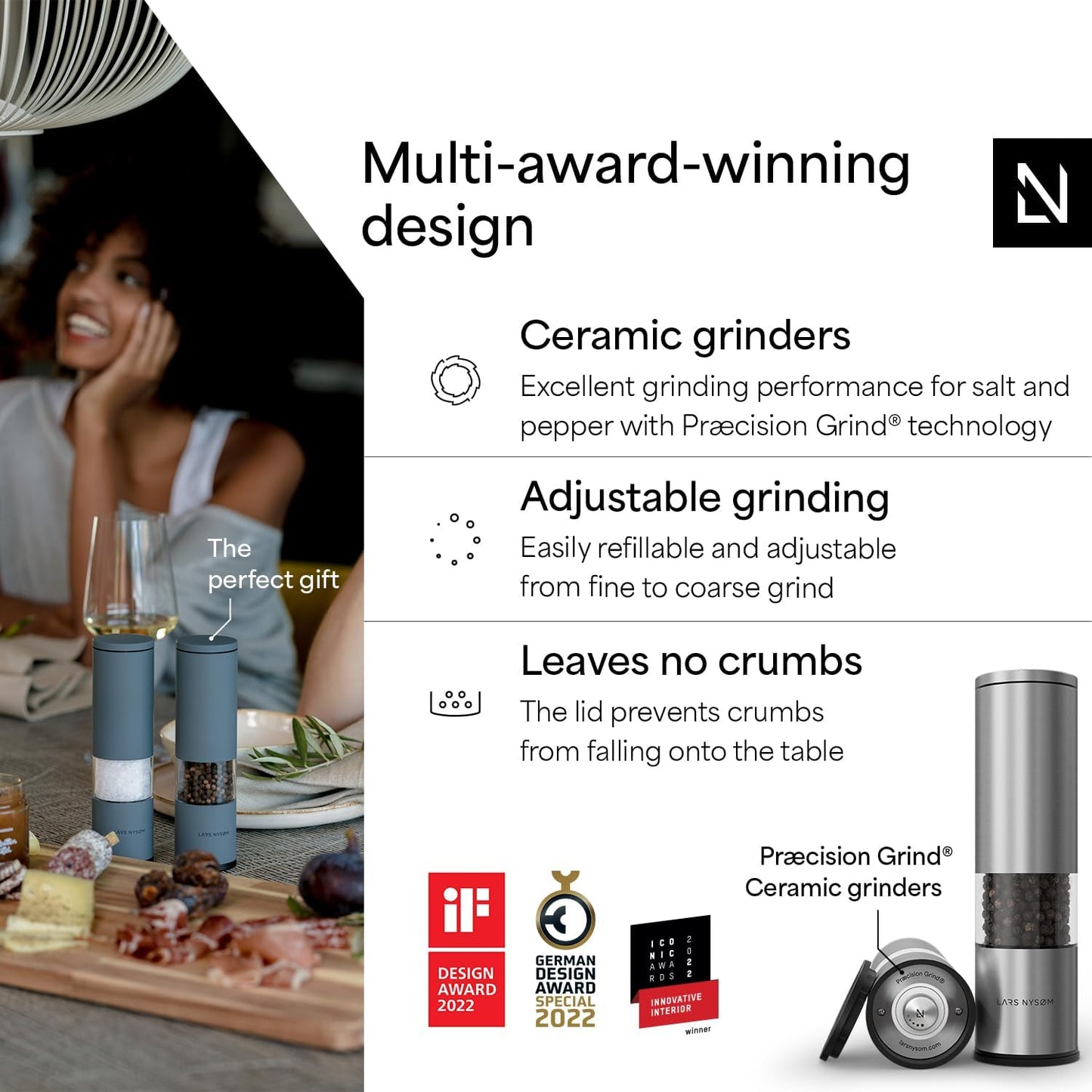 LARS NYSØM Salt and Pepper Grinder Set Manual, Stainless Steel Salt and Pepper Mills with Adjustable Ceramic Grinder I Design Spice Shakers (Stainless Steel)