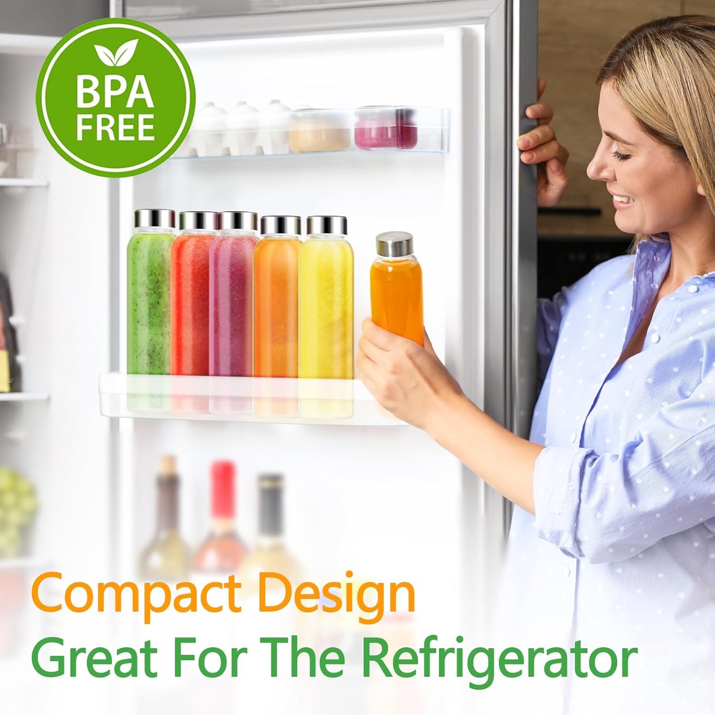 Zukro Glass Water Bottles with Lids 18 oz, Reusable Juice Bottles for Juicing, Leak Proof Juice Storage Containers for Fridge, Clear Drinking Jars With Stainless Steel Caps, BPA Free, Set of 12 Gold