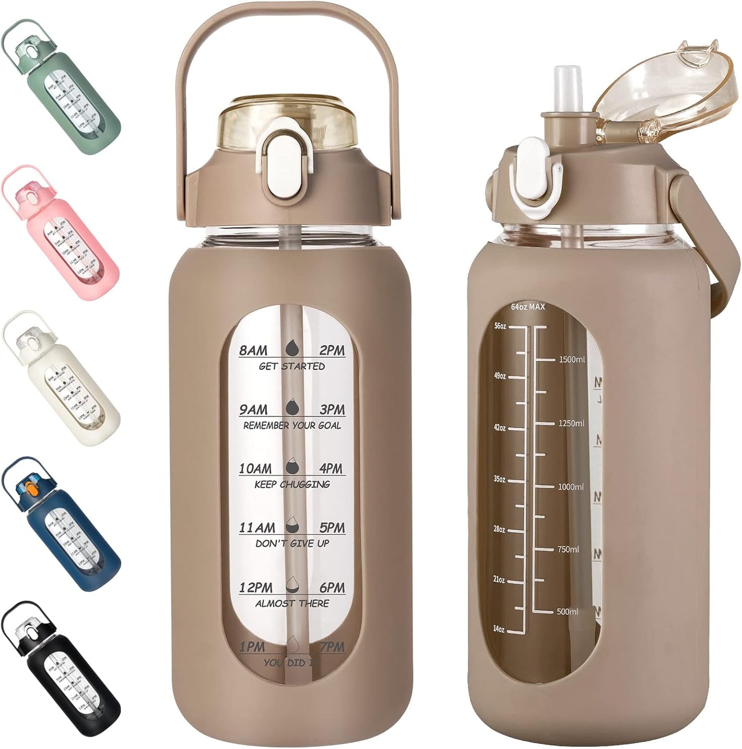 kytffu 64oz Glass Water Bottles with Straw, Half Gallon Motivational Glass Bottle with Silicone Sleeve and Time Marker, 2L Leakproof Large Glass Water Jug for Gym Home Office,Amber