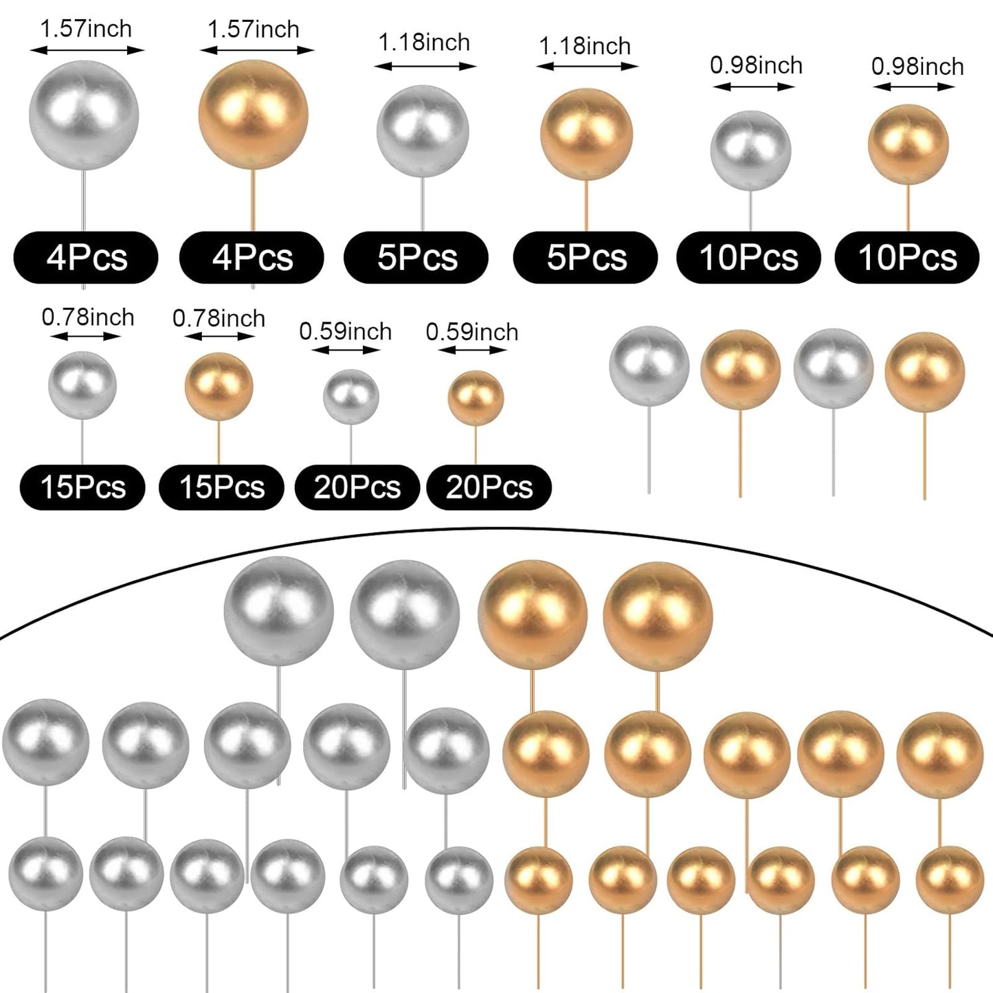 108 Pcs Balls Cake Topper DIY Cupcake Insert Foam Balloons for Cake Baking Wedding Anniversary Birthday Decoration(Gold, Silver,Multi Sizes)