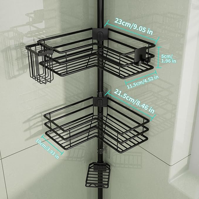 HapiRm Corner Shower Caddy Organizer - Shower Organizer Corner with Soap Holder, Toothbrush Holder and 4 Hooks, Rustproof Bathroom Shelf Tension Pole Available for 27.6 to 108.3 Inch - Black
