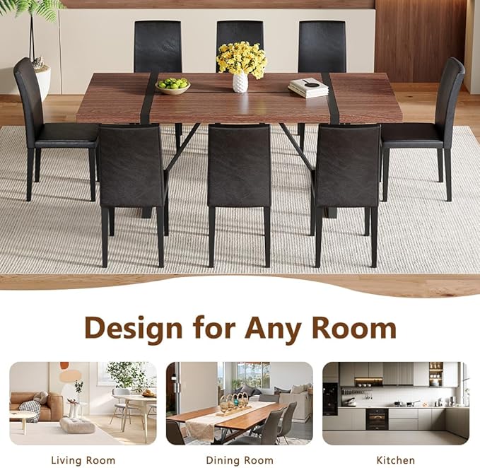 86.6" Dining Table Set for 8, Modern 9 Piece Wood Kitchen Table and Chairs Set, Rectangle Dining Room Table with 8 PU Leather Upholstered Chairs, Ideal for Home, Kitchen, or Apartment Dining