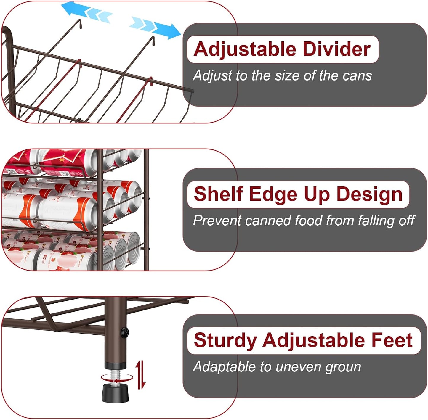 Vrisa Can Rack Organizer 5 Tier Cans Storage Organizer for Pantry Metal Can Food Holders Stacking Canned Goods Dispenser Rack Soda 60 Cans Organizers for Kitchen Pantry Cabinet, Rustic Brown