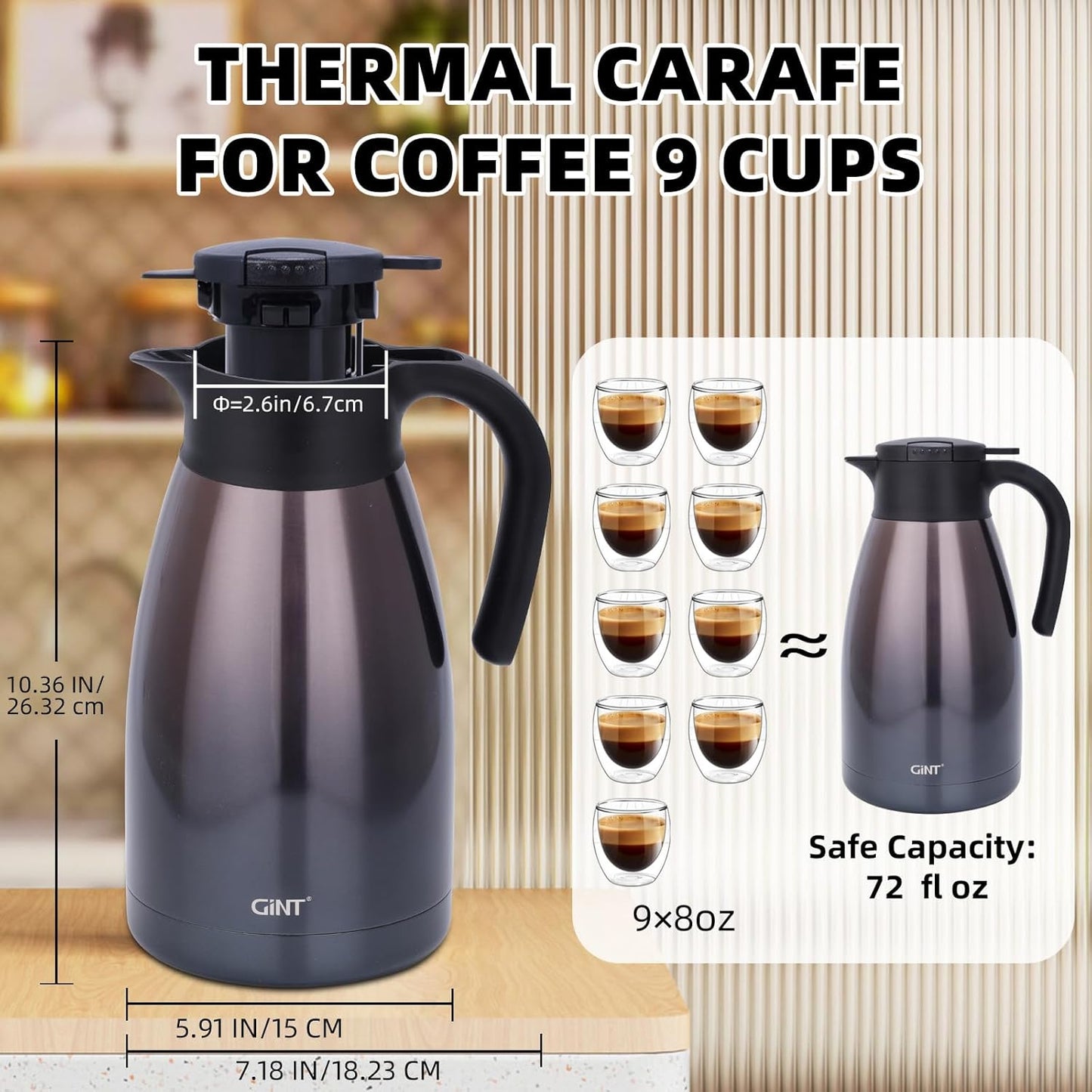 GiNT 2.2L / 74Oz Thermal Coffee Carafe, Insulated Stainless Steel Coffee Carafes for Keeping Hot/Double Walled Vacuum Thermal Carafe (Purple)