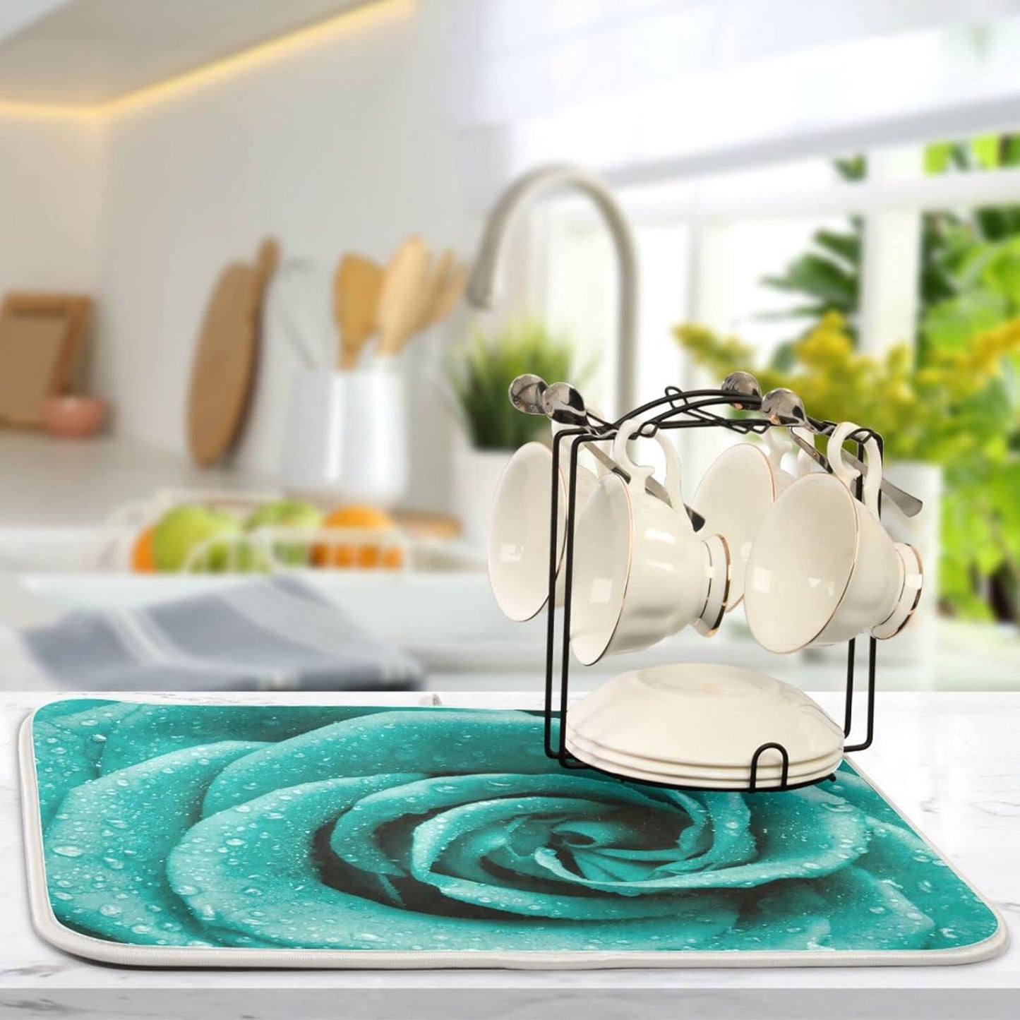 Super Absorbent Dish Drying Mat, Microfiber Fast-Drying Dish Mat, 16" x 18", Kitchen Dish Drying Pad Hipster Turquoise Rose Petals