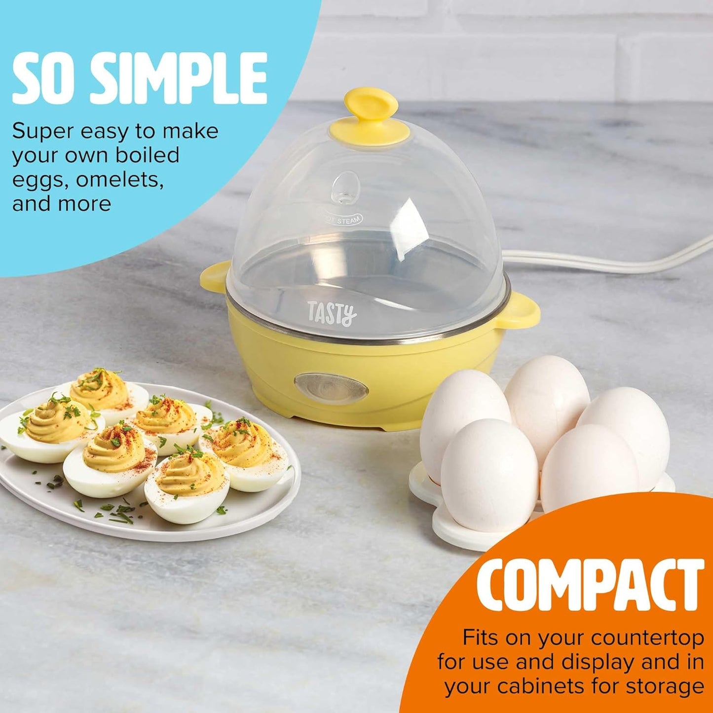 Tasty Mini Rapid Egg Cooker, 5-Egg Capacity for Perfect Hard Boiled Eggs or Omelets, Auto Shut Off, Yellow