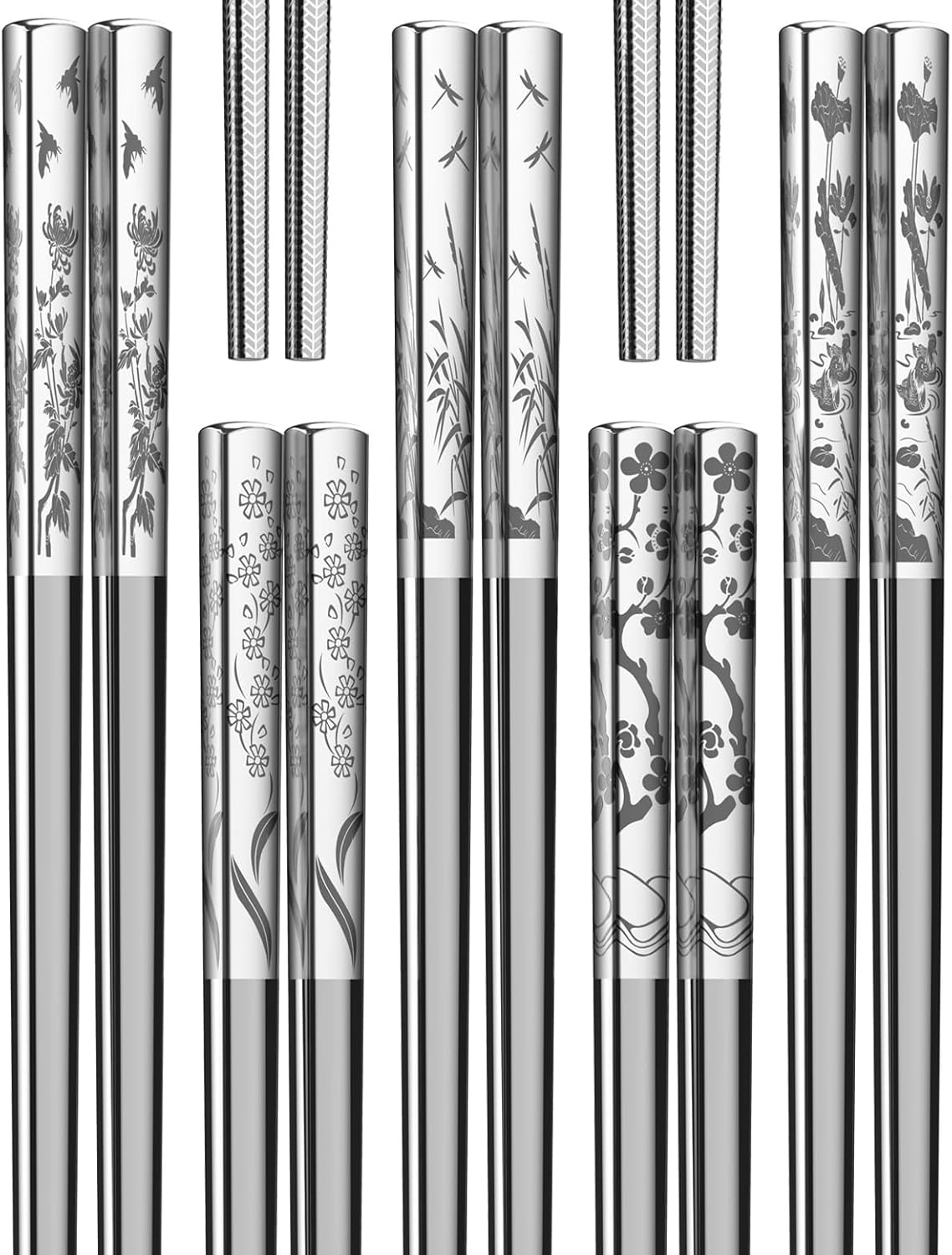 Metal Chopsticks Reusable 18/8 stainless steel Chopsticks 5 Pairs Classical Oriental Floral Dishwasher Safe Lightweight Non-Slip Chop Sticks 9 1/4 Inches Present Set