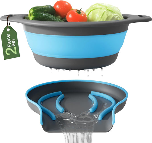 Strainer with Self-Draining Base (5QT) Over-Sink Collapsible Kitchen Colander Set with Side-drain Base for Pasta Vegetables and Fruit, XL Large Capacity, Dishwasher Safe (5-Quart) Blue/Gray