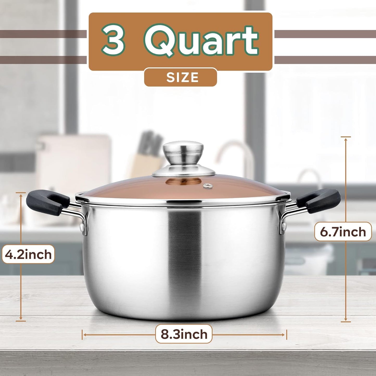 LIANYU 3QT Stainless Steel Stock Pot, Cooking Soup Pot with Lid, Heavy Duty Pasta Stockpot for Strew Simmer Boiling, Heat-proof Handle, Dishwasher Safe