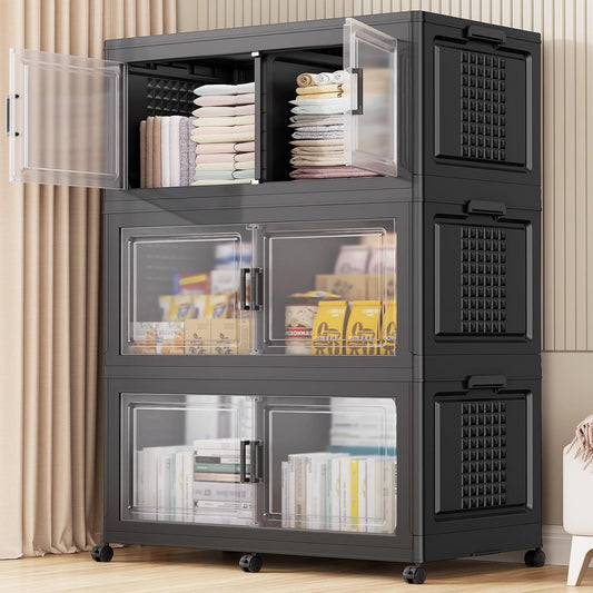 52.7"H 150Gal Plastic Storage Bins with Lid & Wheels,3Pack Extra Large Stackable Storage Bins with Dividers,Closet Organizers and Storage Cabinet Shelves Collapsible Box for Home Kitchen,Black