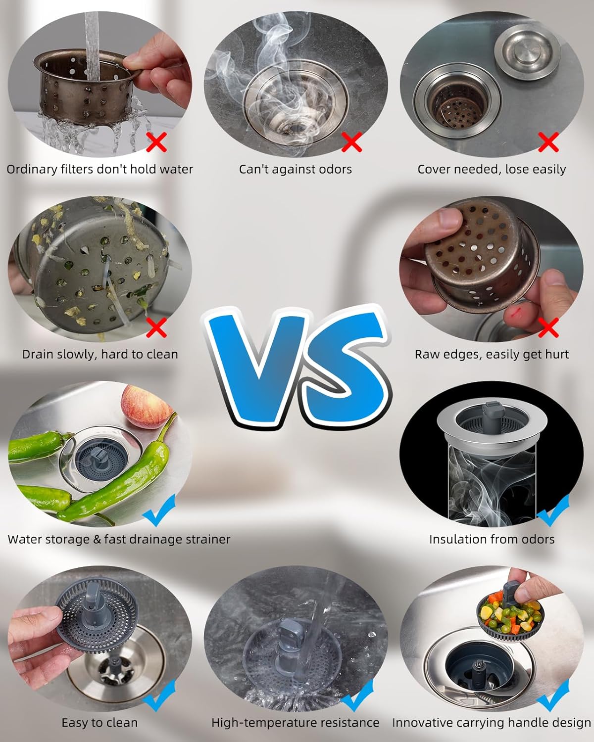 Hibbent 2 Pack 3 in 1 Kitchen Sink Drain Strainer and Stopper Combo, Chrome Stainless Steel Wraped Shell, 6 Anti-Clogging Basket Strainer with Foldable Handle for US Standard 3-1/2" Drain