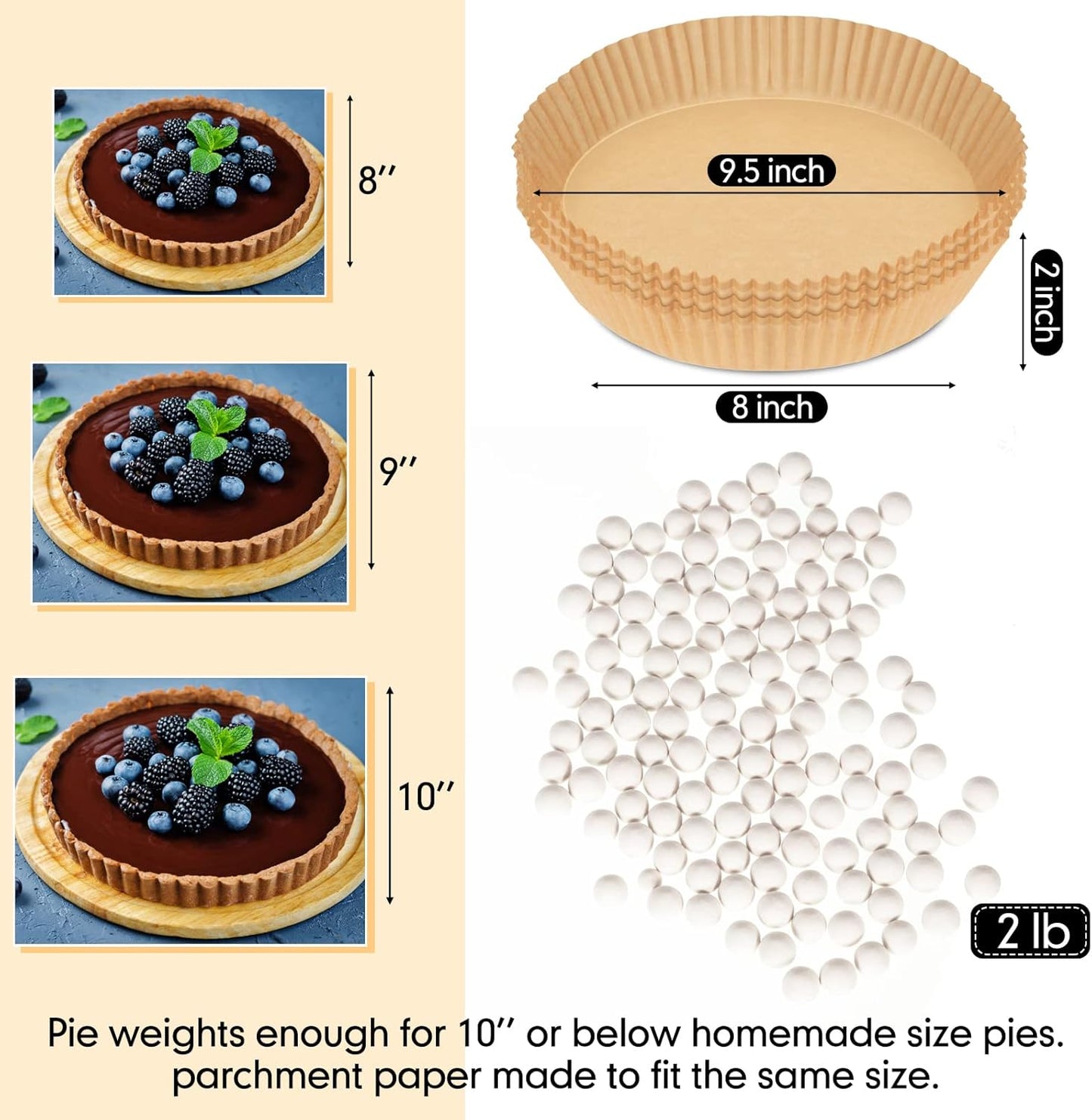 1 Pack White 2 lb Pie Weights for Baking Crust Ceramic Weights Blind Baking Beads with 50 Pcs Disposable Parchment Paper Pie Liner Fit 8,9,10 Inch Dish