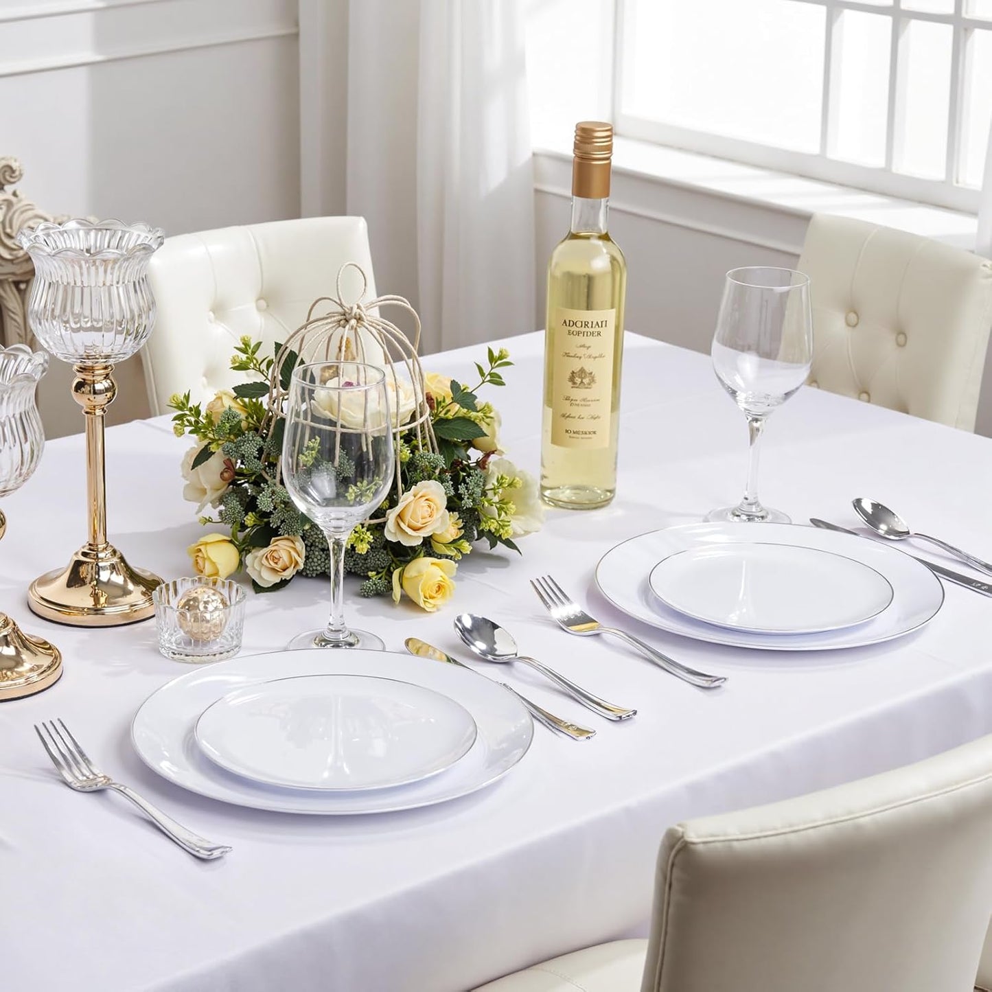 KIRE 200PCS Silver Plastic Plates - White Plastic Plates with Silver Rim Include 100 Dinner Plate and 100 for Dessert/Salad Plate for Birthday/Wedding/Party