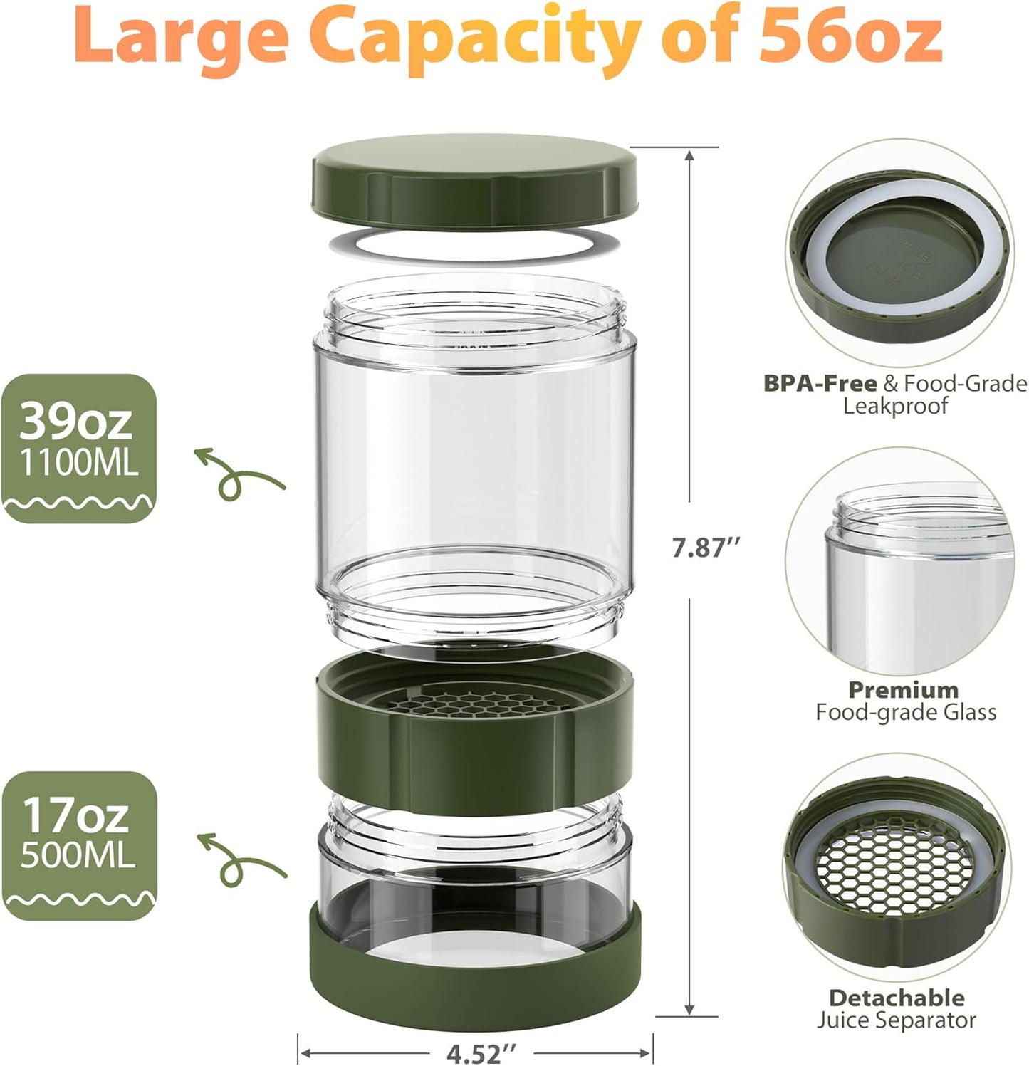 Glass Pickle Jar with Strainer Flip, 56oz Airtight Pickle Container, Leak-proof Juice Separator Pickle Flip Jar with Sealing Silicone Ring for Olive, Sliced Pickle and Jalapeno, Dishwasher Safe