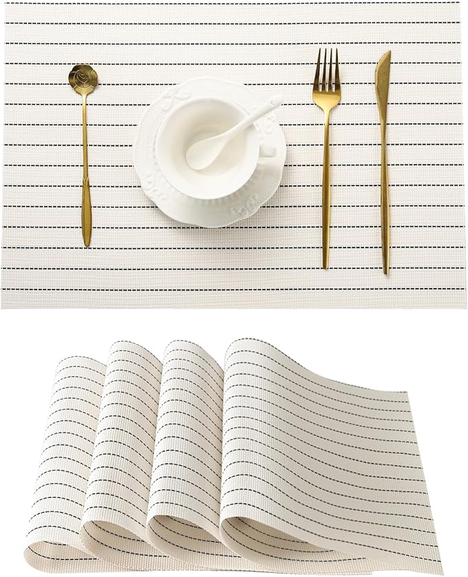 Leetaltree White with Black Stripes Placemats Set of 12 - Heat Resistant Non-Slip Place mats for Dining Table, Washable Durable PVC Vinyl Woven Table Mats（White Stripes, 12）