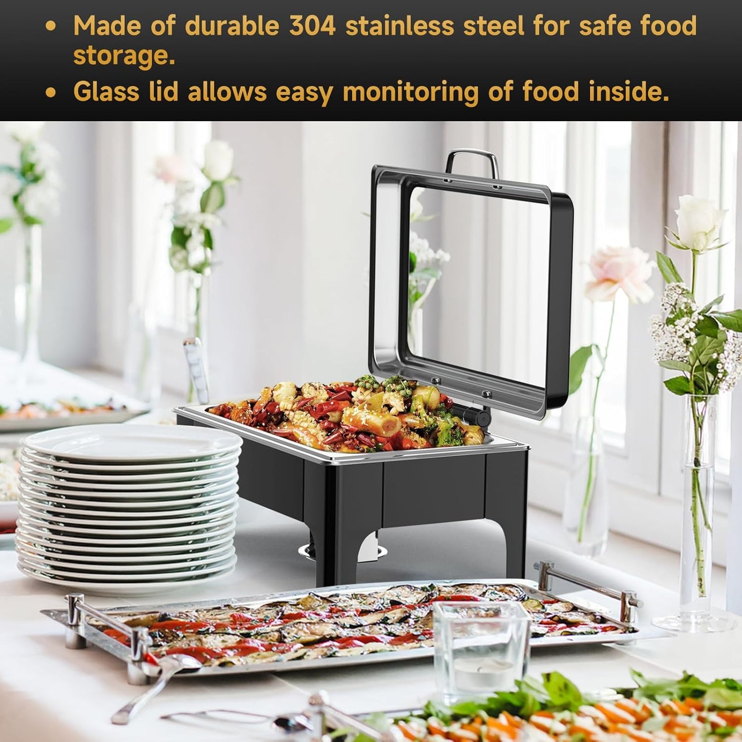 Chafing Dishes for Buffet, 9.5QT Square Stainless Steel Chafing Dish with Transparent Hydraulic Lid, 304 Food Pan, Buffet Warmer for Parties and Events (Black)