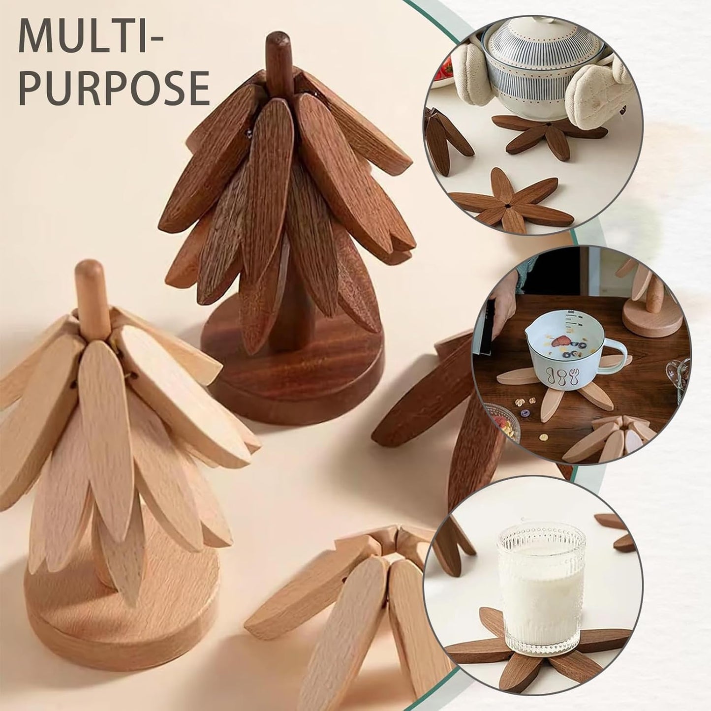 Premium Wooden Trivets Set of 4，Natural Wood Heat Resistant Coasters for Hot Pots, Pans, and Dishes - Eco-Friendly Kitchen Accessories for Dining Table, Countertop, and Stovetop Protection