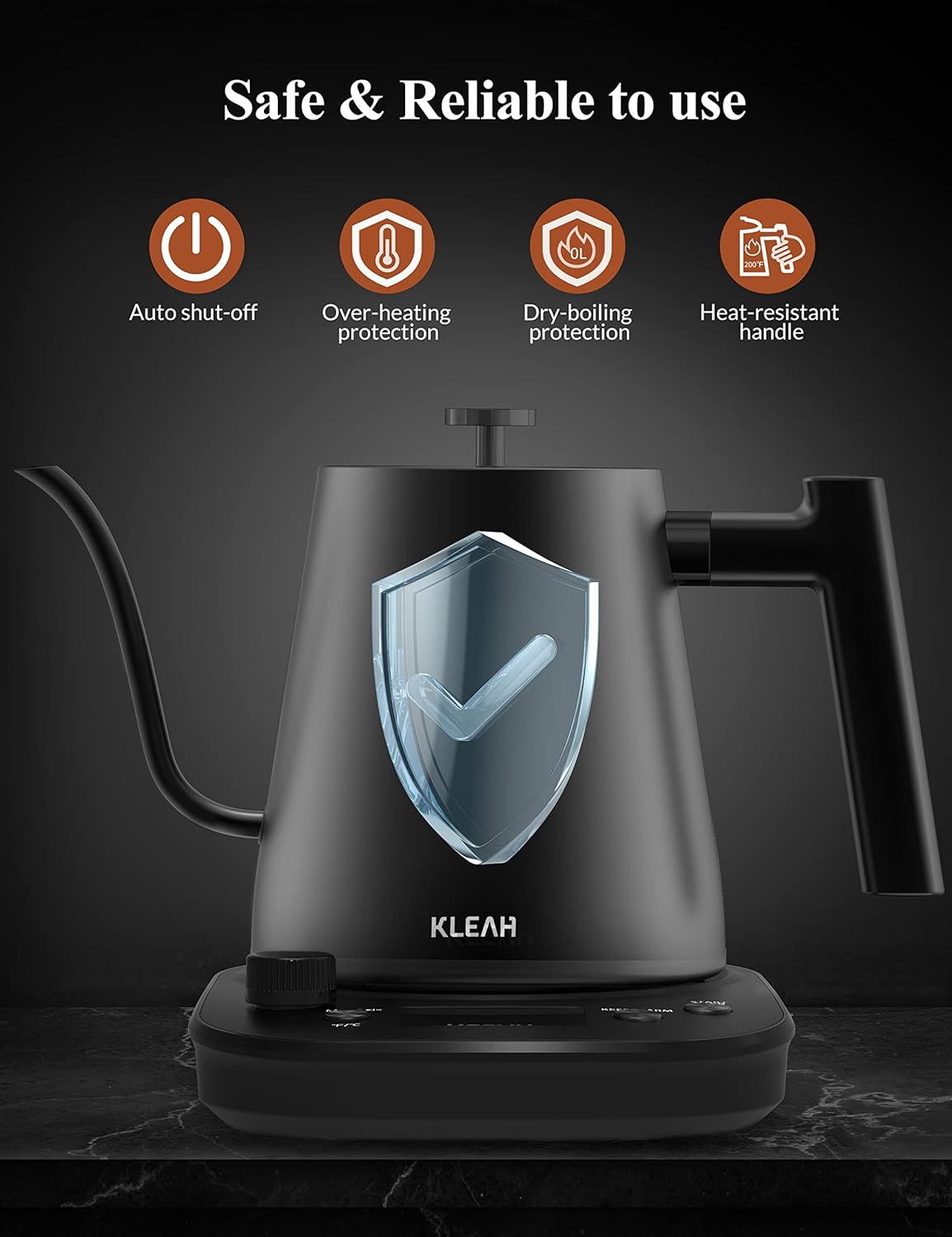 KLEAH Gooseneck Electric Kettle with Temperature Control - 0.8L Automatic Shut Off Tea & Coffee Kettle, Hot Water Boiler Pour Over Coffee Kettle, 1200W Quick Heating Keep Warm, Black