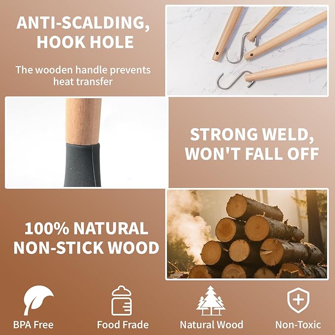 77L Silicone Cooking Utensils Set with Holder 32 PCS, Non-Stick Kitchen Cooking Utensils Set, Spatula, Turner, Tongs, Spatula, Spoon, Wooden Handle Kitchen Gadgets Utensil Set, Dishwasher Safe