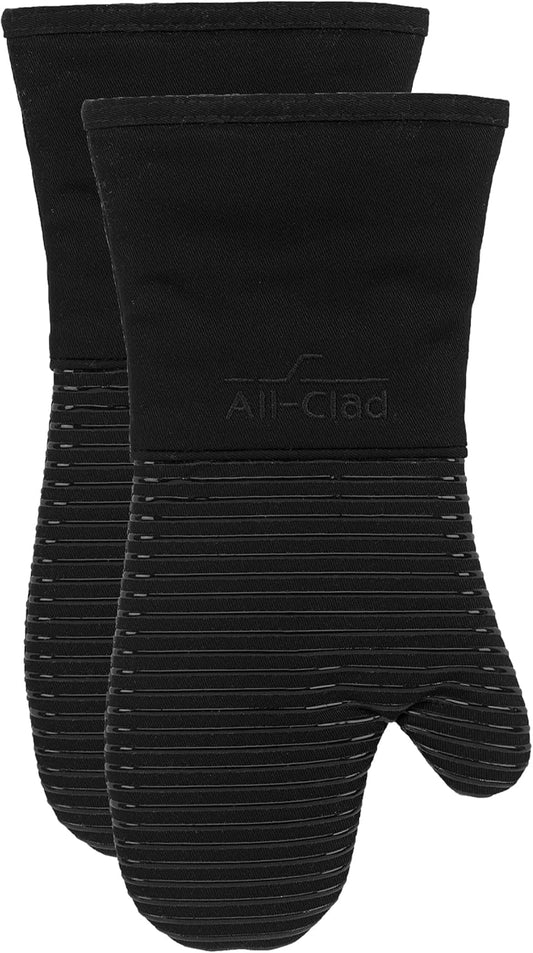 All-Clad Silicone Oven Mitts: Heat Resistant up to 500 Degrees - 100% Cotton & Silicone, 14"x7" Oven Mitt for Kitchen and Barbecue, 2-Pack, Black