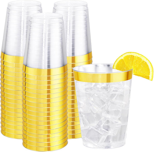 I00000 60PCS Gold Plastic Cups, 10 oz Clear Disposable Cups with Golden Trim, Heavy-Duty Disposable Hard Plastic Wine Glasses Cocktail Glasses Perfect for Wedding & Party